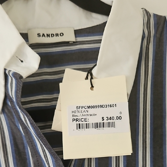 Sandro Navy and White Vertical Stripe Dress Shirt with Contrast Collar - Picture 8 of 9